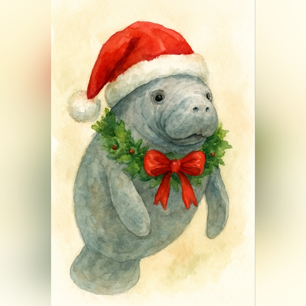 Festive Manatee Holiday Art Print